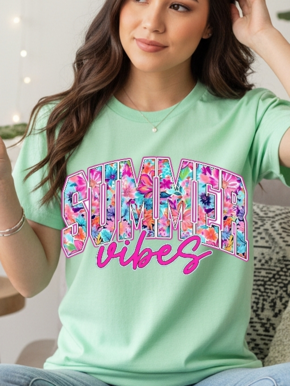 Gildan Mint 'Summer Vibes' Floral Graphic Tee - Short Sleeve